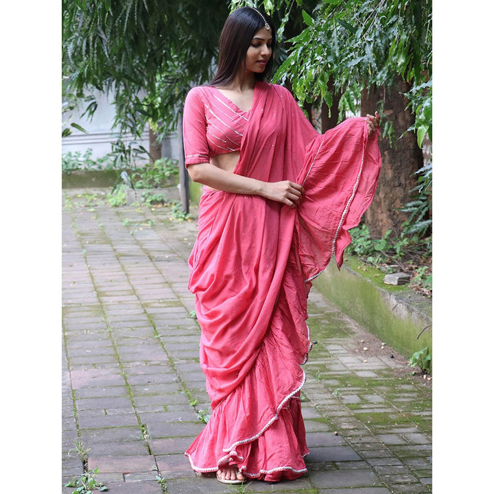 Chidiyaa Jugnu Lumina Pink Mulmul Cotton Saree with Stitched Blouse