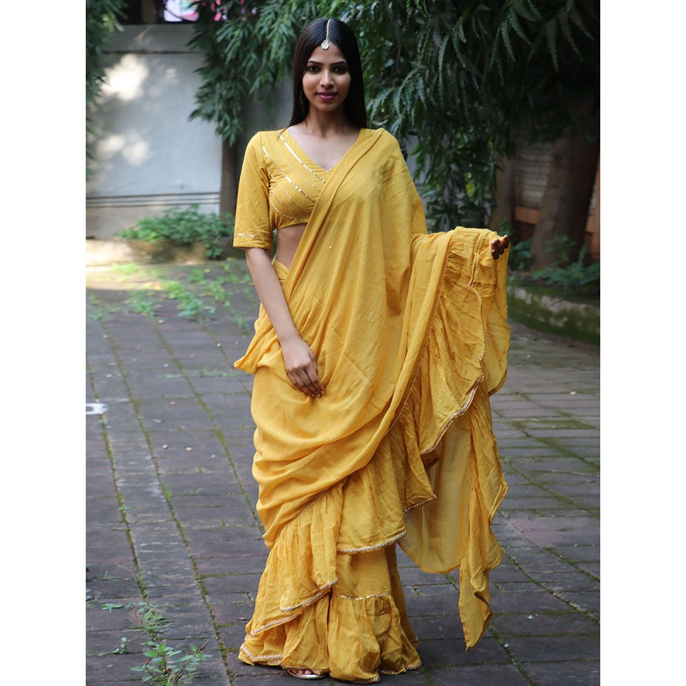 Chidiyaa Jugnu Ember Mustard Mulmul Cotton Saree with Stitched Blouse