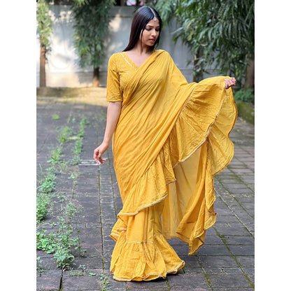 Chidiyaa Jugnu Ember Mustard Mulmul Cotton Saree with Stitched Blouse