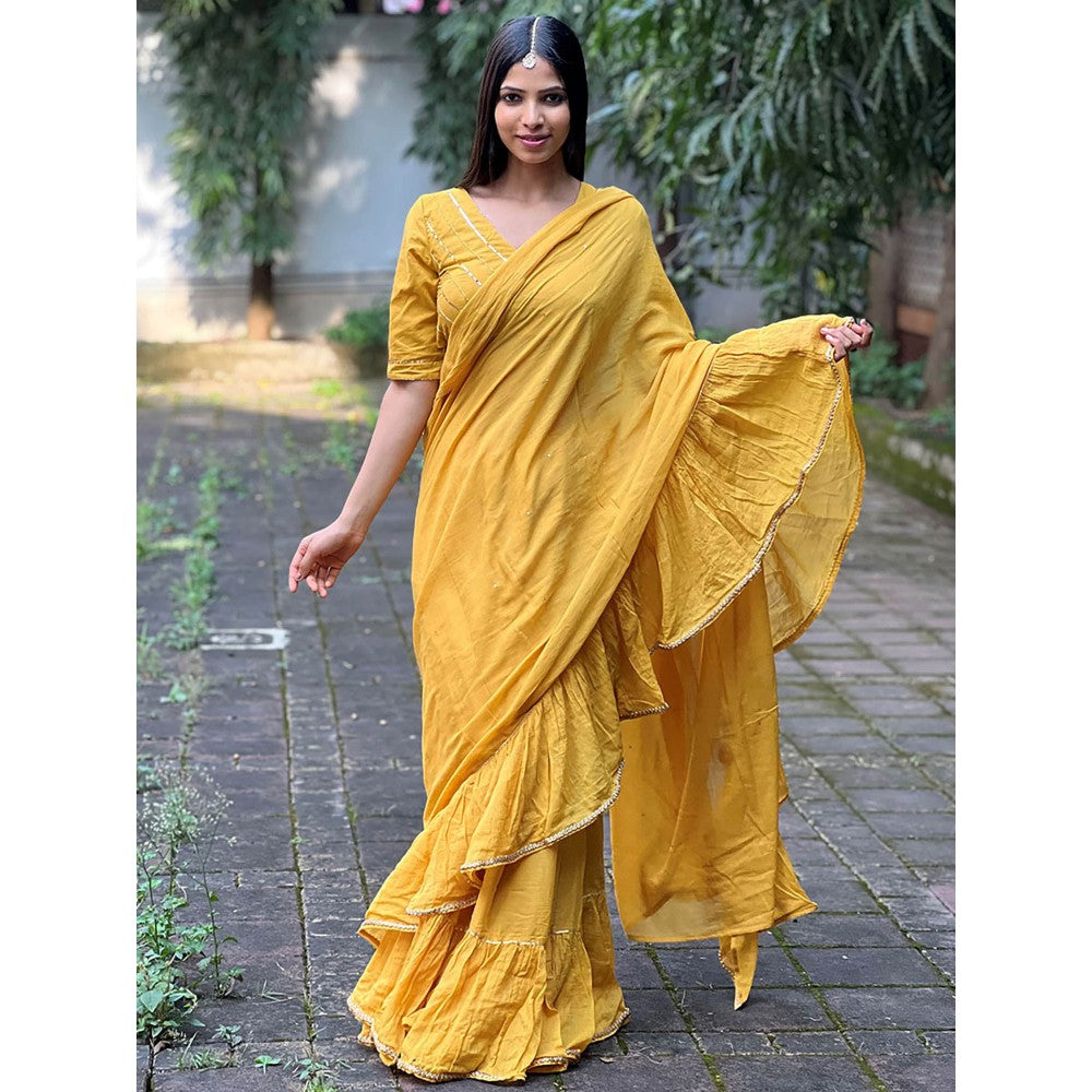 Chidiyaa Jugnu Ember Mustard Mulmul Cotton Saree with Stitched Blouse