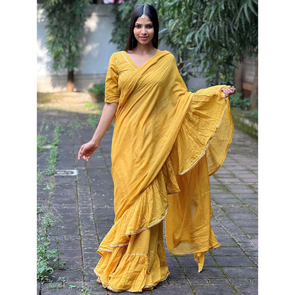 Chidiyaa Jugnu Ember Mustard Mulmul Cotton Saree with Stitched Blouse