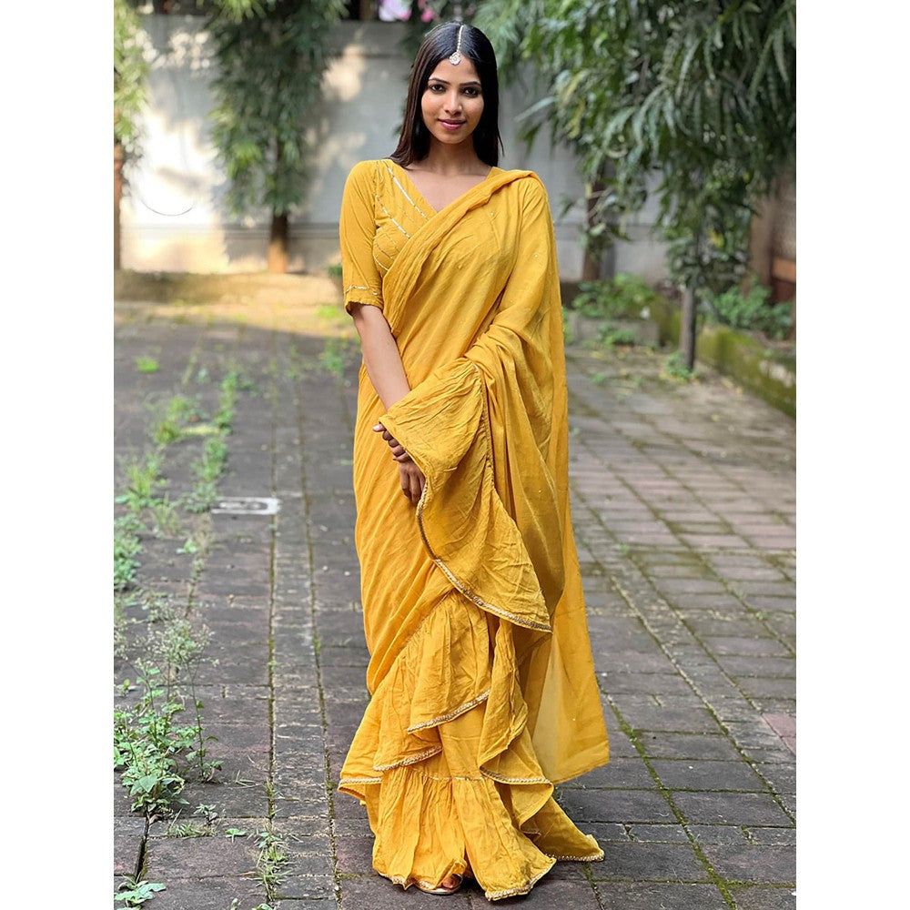 Chidiyaa Jugnu Ember Mustard Mulmul Cotton Saree with Stitched Blouse