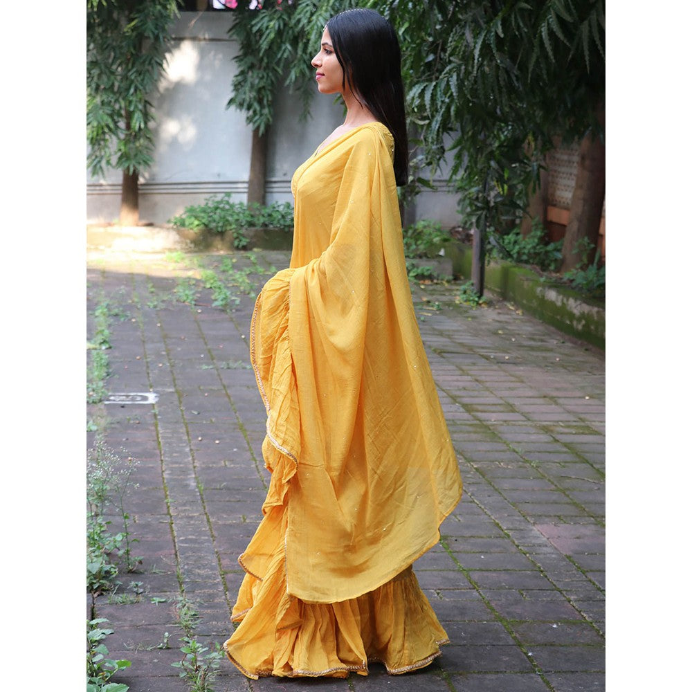 Chidiyaa Jugnu Ember Mustard Mulmul Cotton Saree with Stitched Blouse