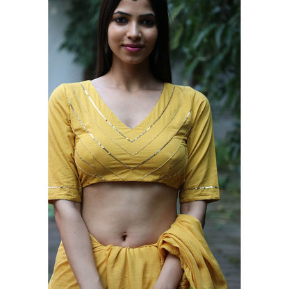 Chidiyaa Jugnu Ember Mustard Mulmul Cotton Saree with Stitched Blouse