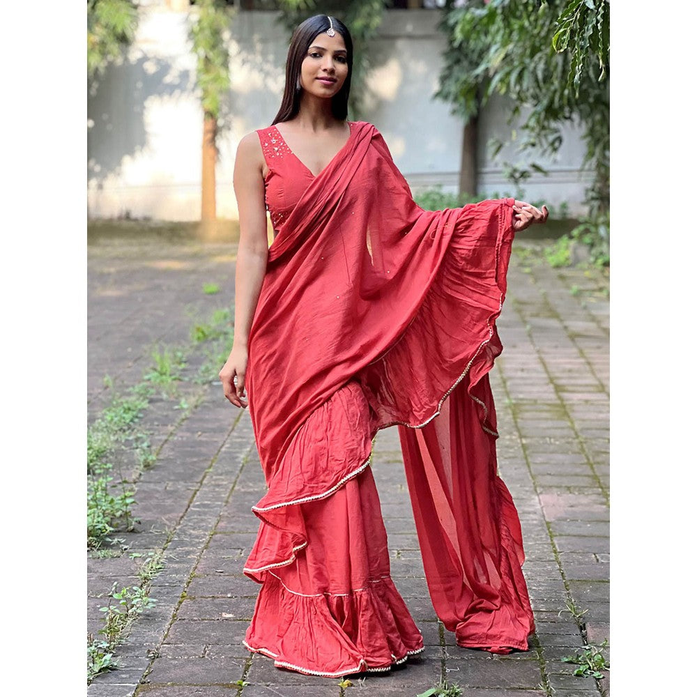 Chidiyaa Jugnu Iris Red Mulmul Cotton Saree with Stitched Blouse