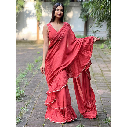 Chidiyaa Jugnu Iris Red Mulmul Cotton Saree with Stitched Blouse