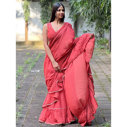 Chidiyaa Jugnu Iris Red Mulmul Cotton Saree with Stitched Blouse