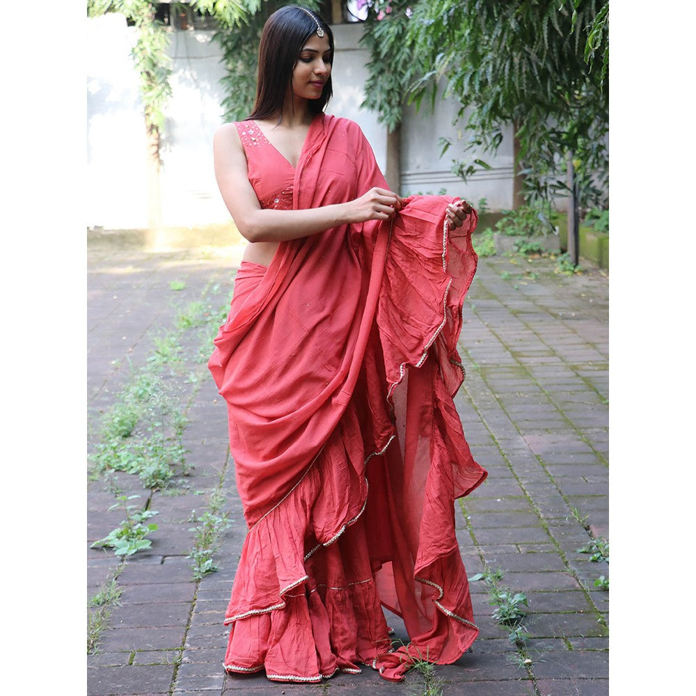 Chidiyaa Jugnu Iris Red Mulmul Cotton Saree with Stitched Blouse