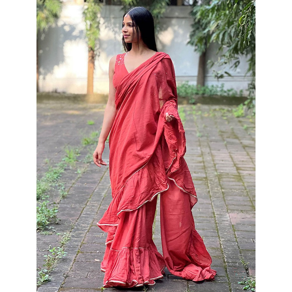 Chidiyaa Jugnu Iris Red Mulmul Cotton Saree with Stitched Blouse