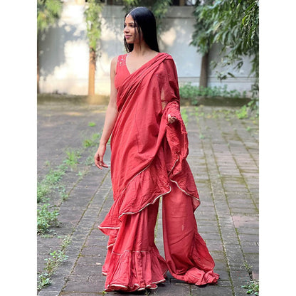 Chidiyaa Jugnu Iris Red Mulmul Cotton Saree with Stitched Blouse
