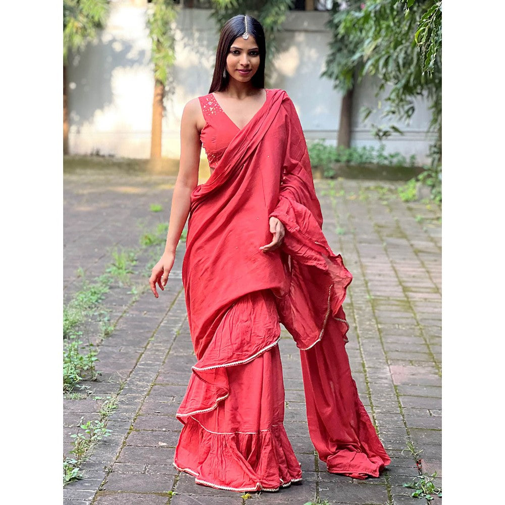 Chidiyaa Jugnu Iris Red Mulmul Cotton Saree with Stitched Blouse
