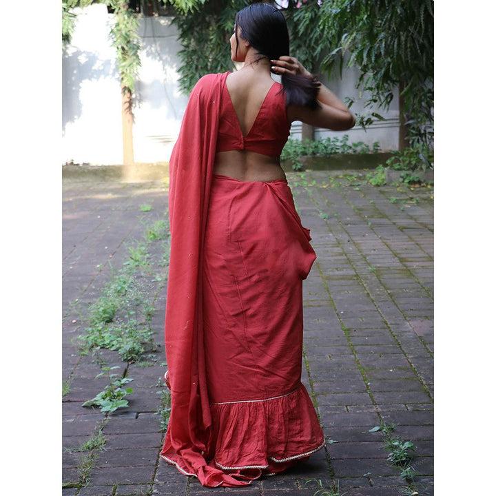 Chidiyaa Jugnu Iris Red Mulmul Cotton Saree with Stitched Blouse