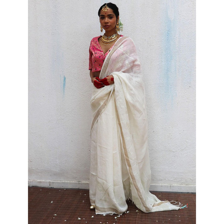Chidiyaa Juhi Mogra Agnes Jamdani Handwoven Linen Saree with Unstitched Blouse