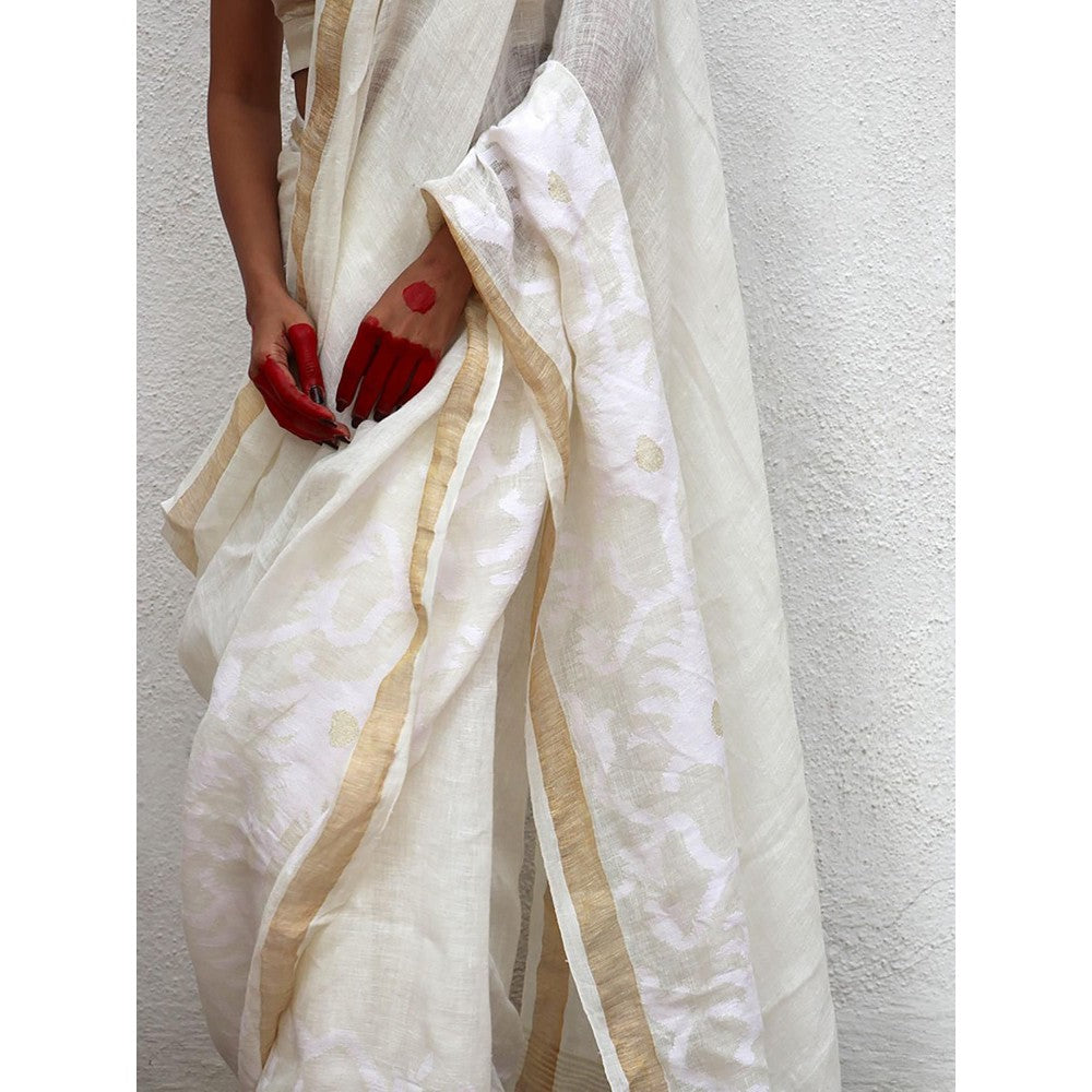 Chidiyaa Juhi Mogra Honey Dew Jamdani Handwoven Linen Saree with Unstitched Blouse
