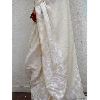 Chidiyaa Juhi Mogra Honey Dew Jamdani Handwoven Linen Saree with Unstitched Blouse