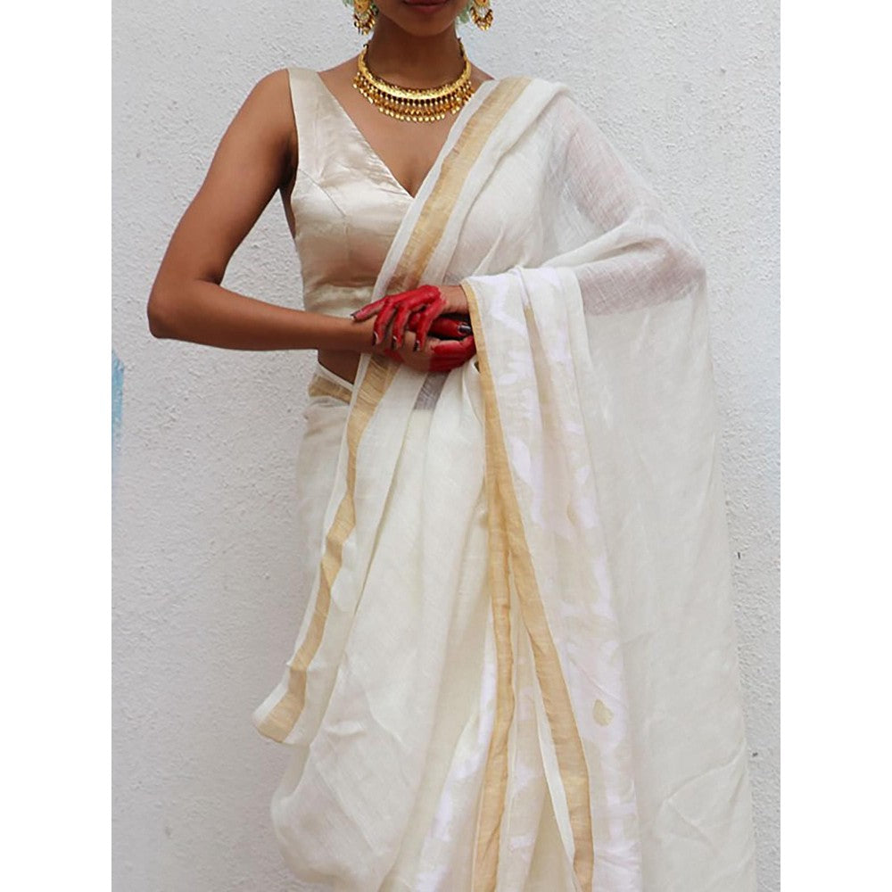 Chidiyaa Juhi Mogra Honey Dew Jamdani Handwoven Linen Saree with Unstitched Blouse