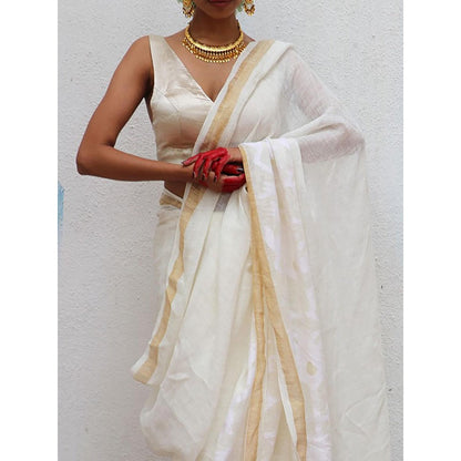 Chidiyaa Juhi Mogra Honey Dew Jamdani Handwoven Linen Saree with Unstitched Blouse