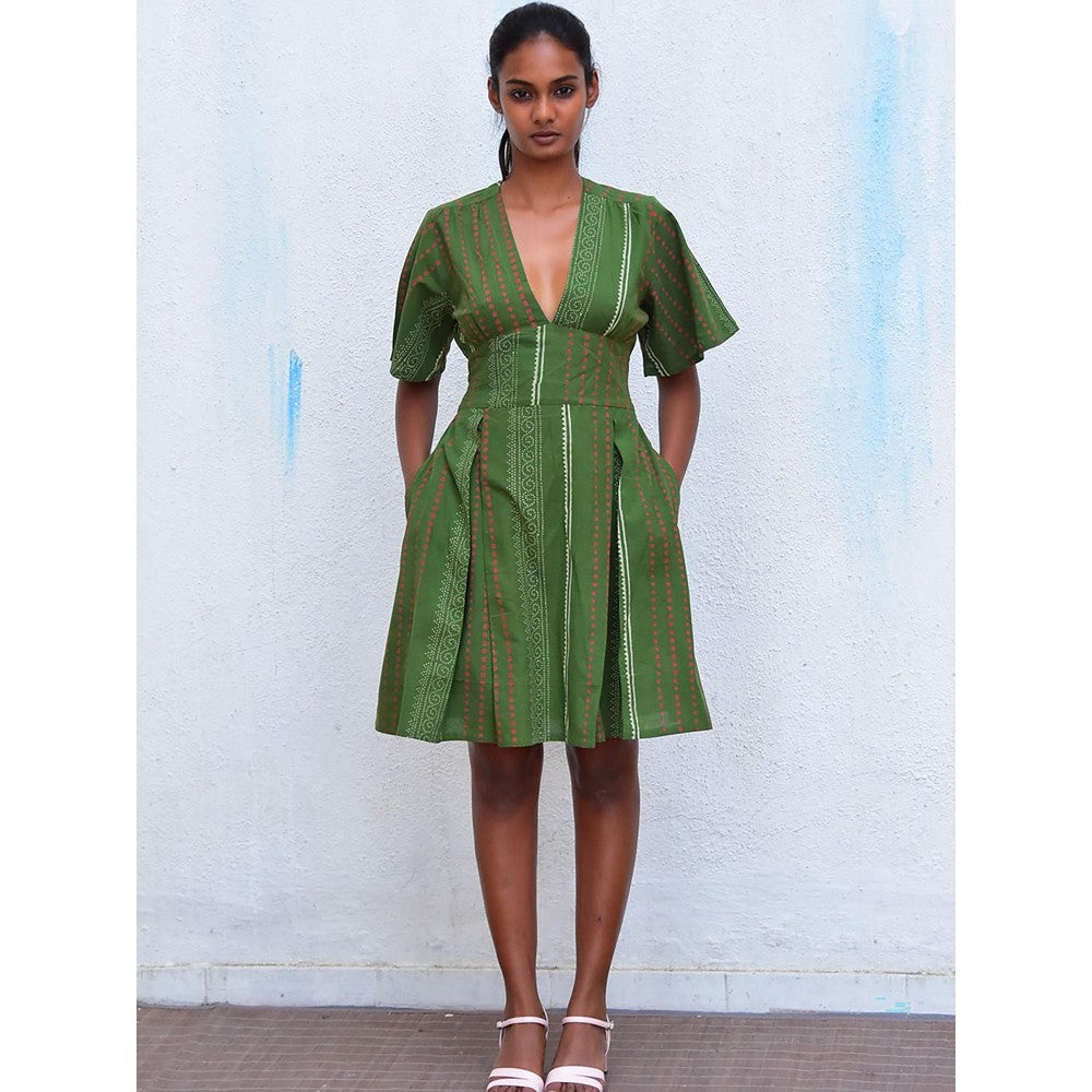 Chidiyaa Humming Bird Serene Splendour Olive Hand Block Printed Cotton Dress