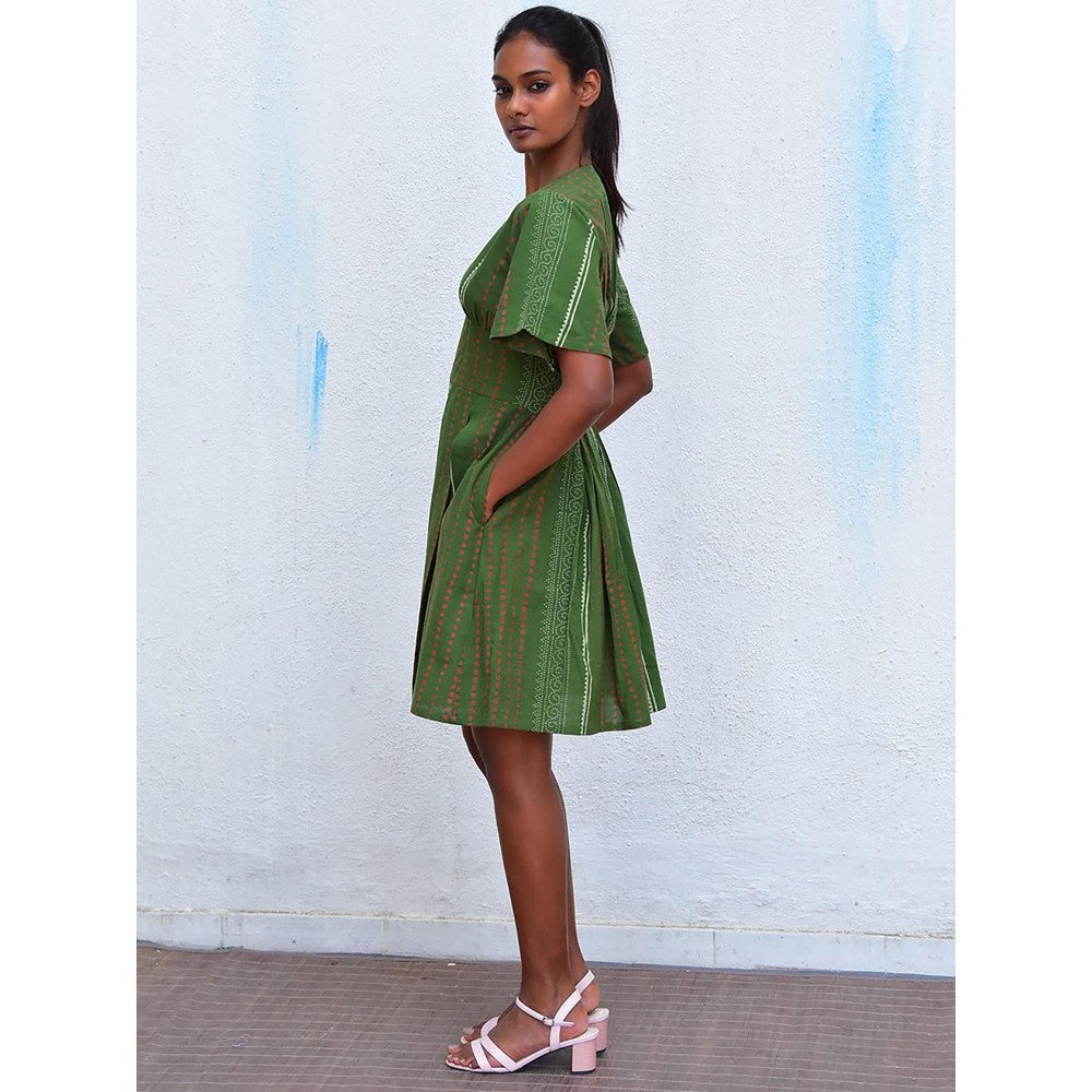 Chidiyaa Humming Bird Serene Splendour Olive Hand Block Printed Cotton Dress