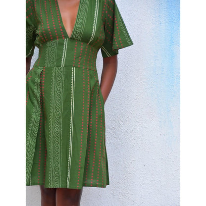 Chidiyaa Humming Bird Serene Splendour Olive Hand Block Printed Cotton Dress