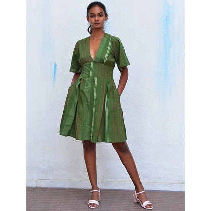 Chidiyaa Humming Bird Serene Splendour Olive Hand Block Printed Cotton Dress