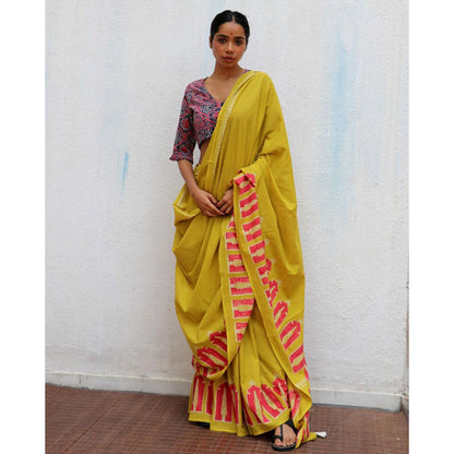 Chidiyaa Paakhi Apricot Sun Mustard Hand Block Printed Cotton Saree with Unstitched Blouse