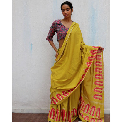Chidiyaa Paakhi Apricot Sun Mustard Hand Block Printed Cotton Saree with Unstitched Blouse