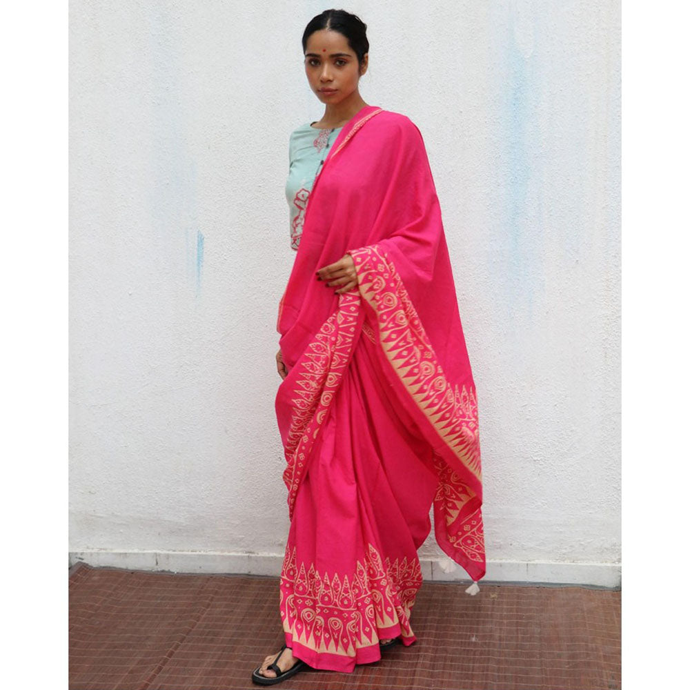 Chidiyaa Paakhi Honeysuckle Rose Pink Hand Block Printed Cotton Saree with Unstitched Blouse
