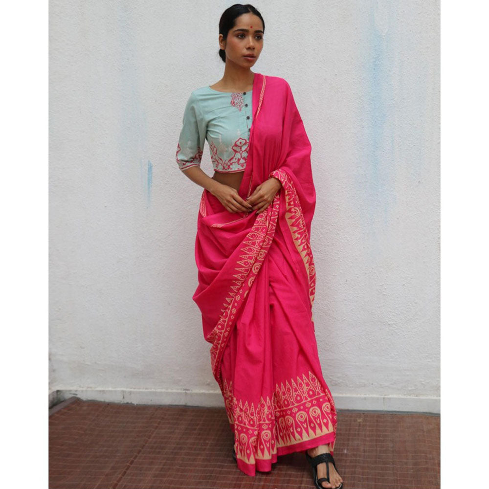 Chidiyaa Paakhi Honeysuckle Rose Pink Hand Block Printed Cotton Saree with Unstitched Blouse
