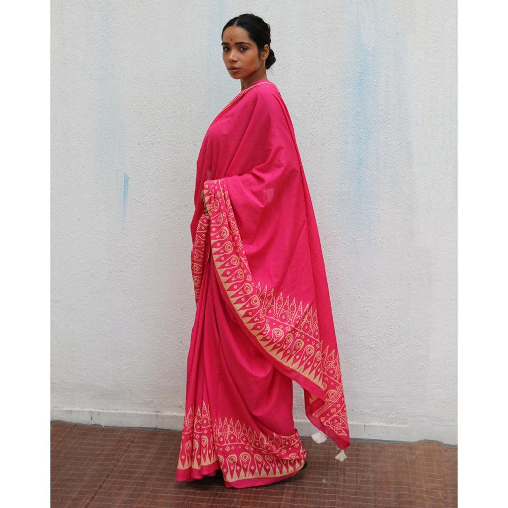 Chidiyaa Paakhi Honeysuckle Rose Pink Hand Block Printed Cotton Saree with Unstitched Blouse