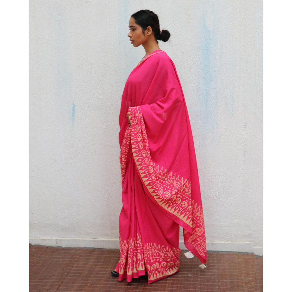 Chidiyaa Paakhi Honeysuckle Rose Pink Hand Block Printed Cotton Saree with Unstitched Blouse