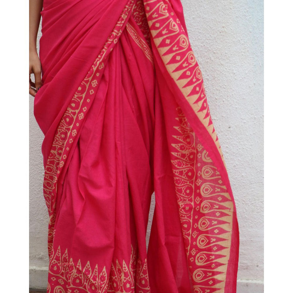 Chidiyaa Paakhi Honeysuckle Rose Pink Hand Block Printed Cotton Saree with Unstitched Blouse