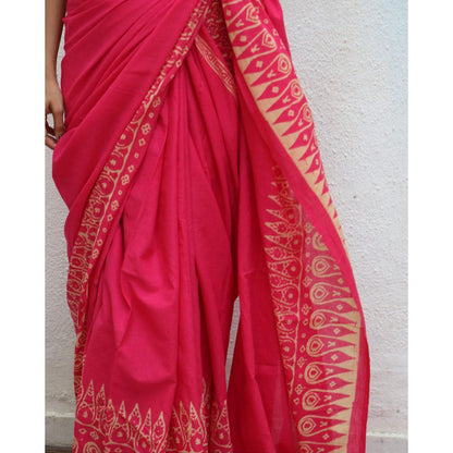 Chidiyaa Paakhi Honeysuckle Rose Pink Hand Block Printed Cotton Saree with Unstitched Blouse