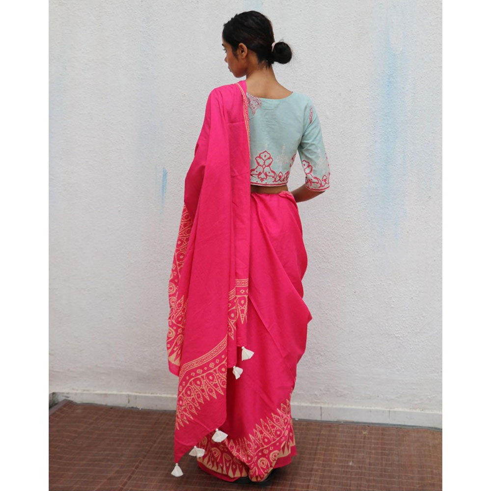 Chidiyaa Paakhi Honeysuckle Rose Pink Hand Block Printed Cotton Saree with Unstitched Blouse