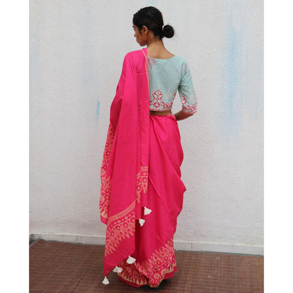 Chidiyaa Paakhi Honeysuckle Rose Pink Hand Block Printed Cotton Saree with Unstitched Blouse
