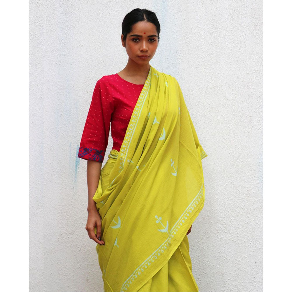 Chidiyaa Paakhi Lady Lime Green Hand Block Printed Cotton Saree with Unstitched Blouse