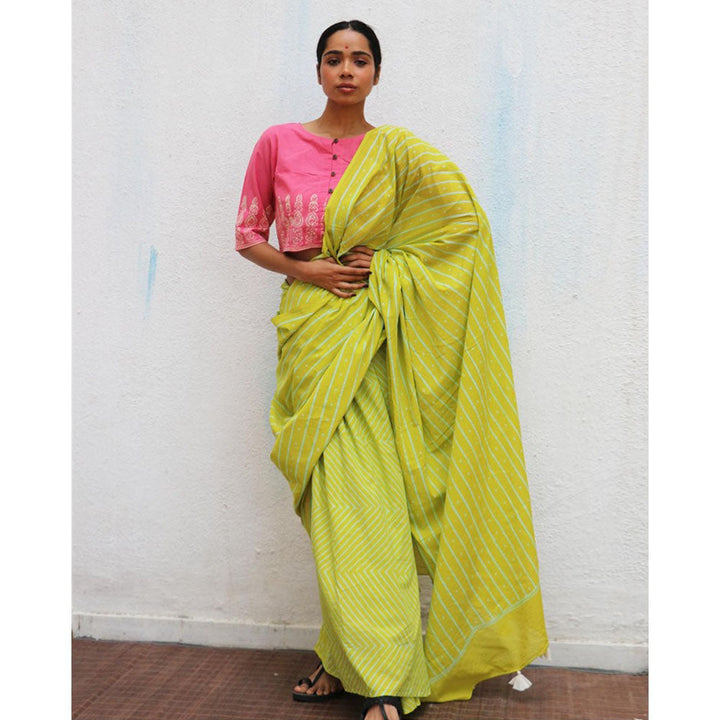 Chidiyaa Paakhi Lime Green Hand Block Printed Cotton Saree with Unstitched Blouse