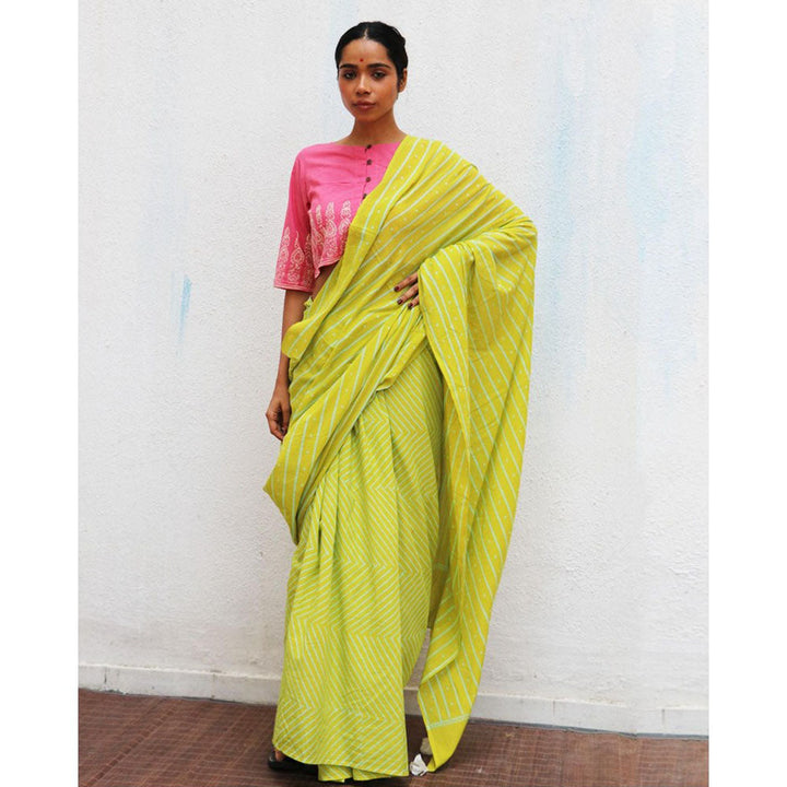 Chidiyaa Paakhi Lime Green Hand Block Printed Cotton Saree with Unstitched Blouse