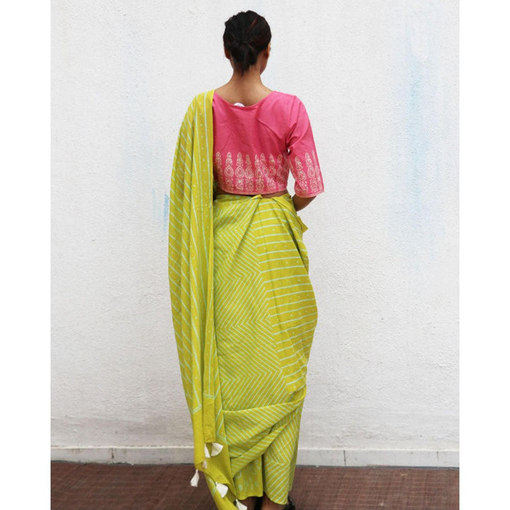 Chidiyaa Paakhi Lime Green Hand Block Printed Cotton Saree with Unstitched Blouse