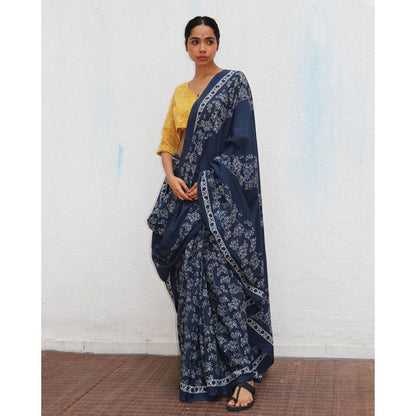Chidiyaa Paakhi Navy Blue Hand Block Printed Cotton Saree with Unstitched Blouses