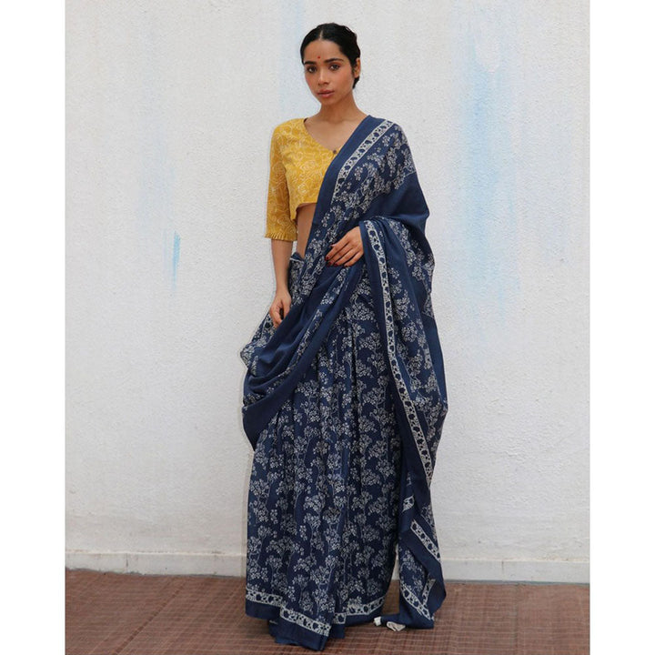 Chidiyaa Paakhi Navy Blue Hand Block Printed Cotton Saree with Unstitched Blouses