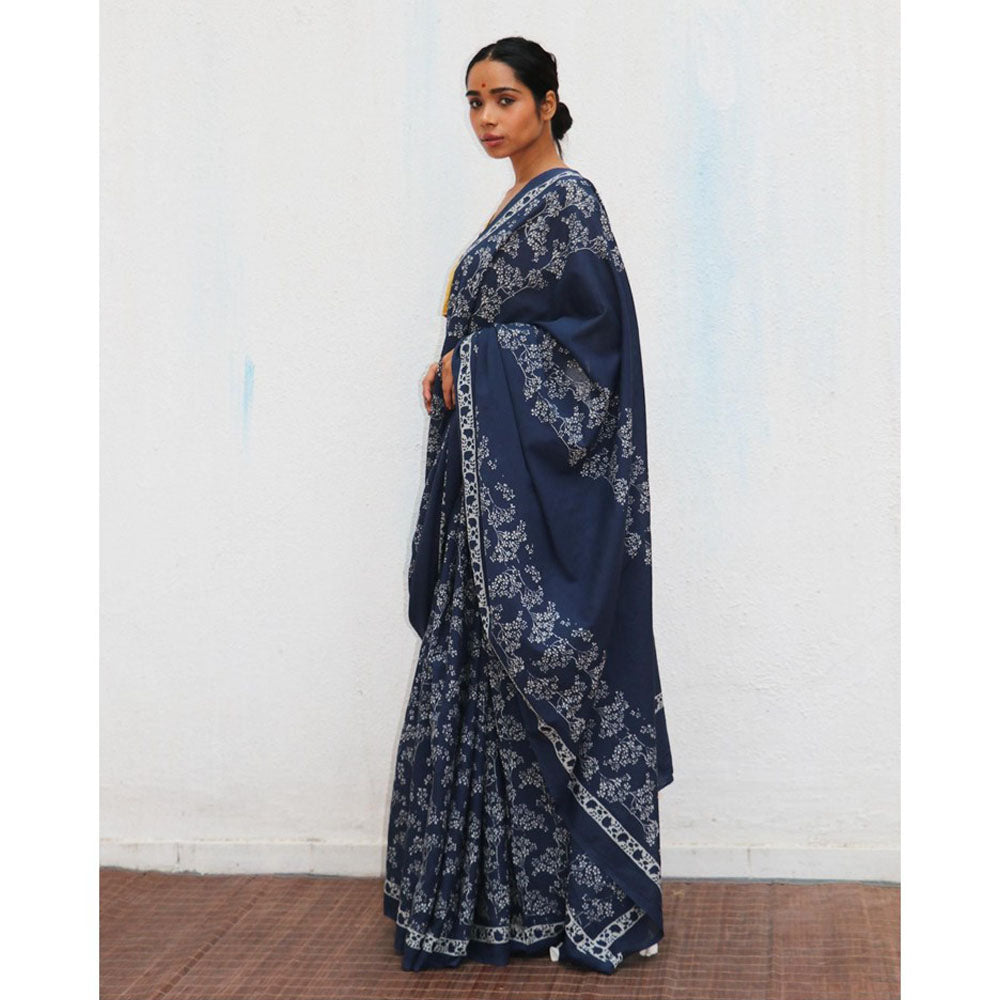 Chidiyaa Paakhi Navy Blue Hand Block Printed Cotton Saree with Unstitched Blouses