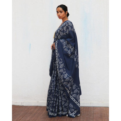 Chidiyaa Paakhi Navy Blue Hand Block Printed Cotton Saree with Unstitched Blouses
