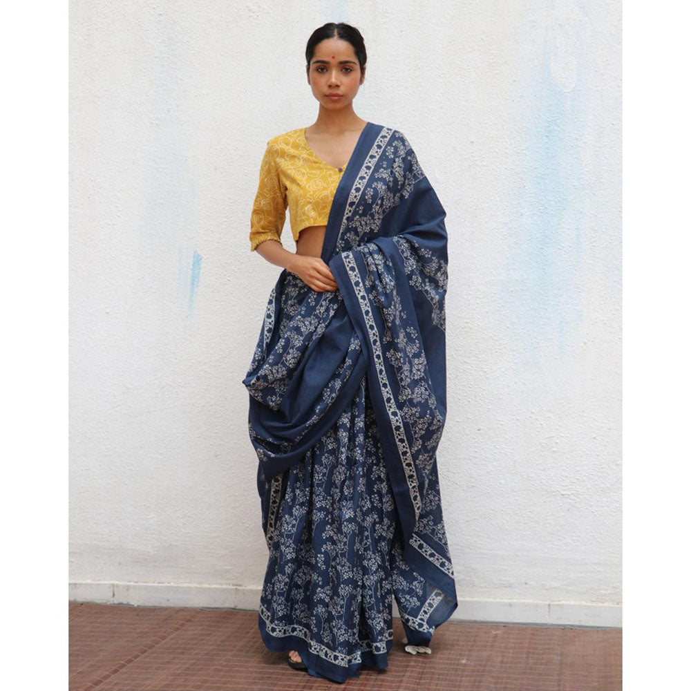 Chidiyaa Paakhi Navy Blue Hand Block Printed Cotton Saree with Unstitched Blouses