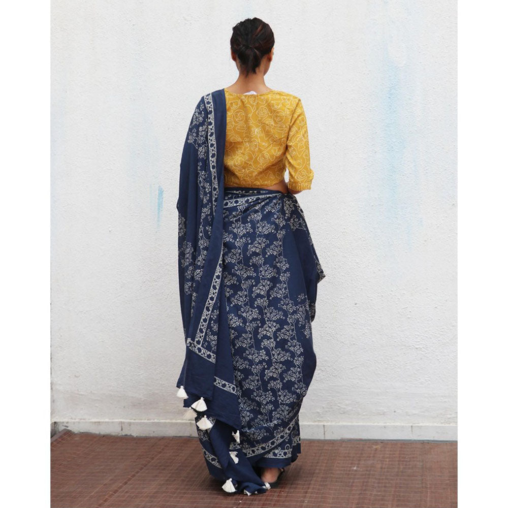 Chidiyaa Paakhi Navy Blue Hand Block Printed Cotton Saree with Unstitched Blouses