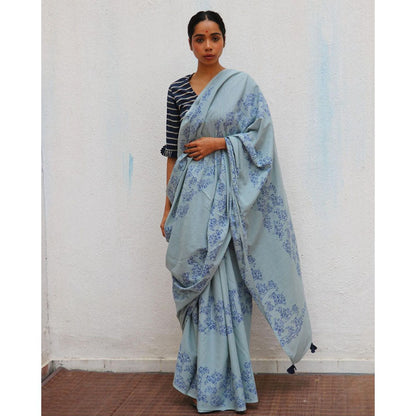 Chidiyaa Paakhi Almond Blossoms Hand Block Printed Cotton Saree with Unstitched Blouses