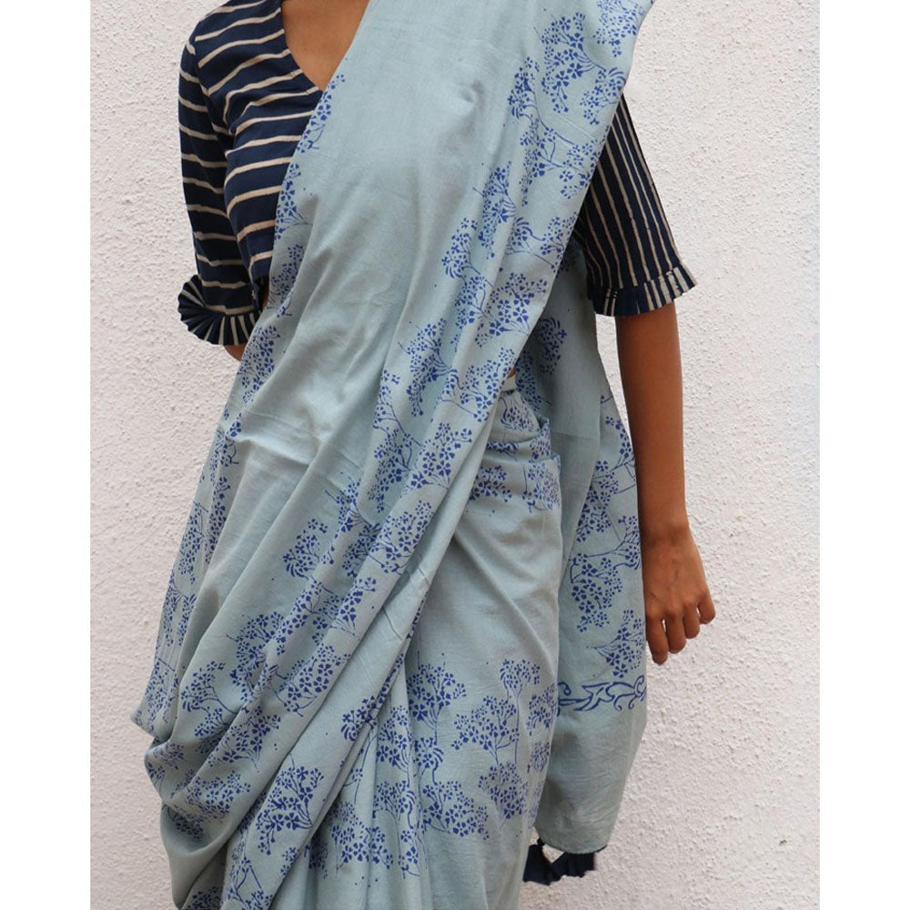 Chidiyaa Paakhi Almond Blossoms Hand Block Printed Cotton Saree with Unstitched Blouses