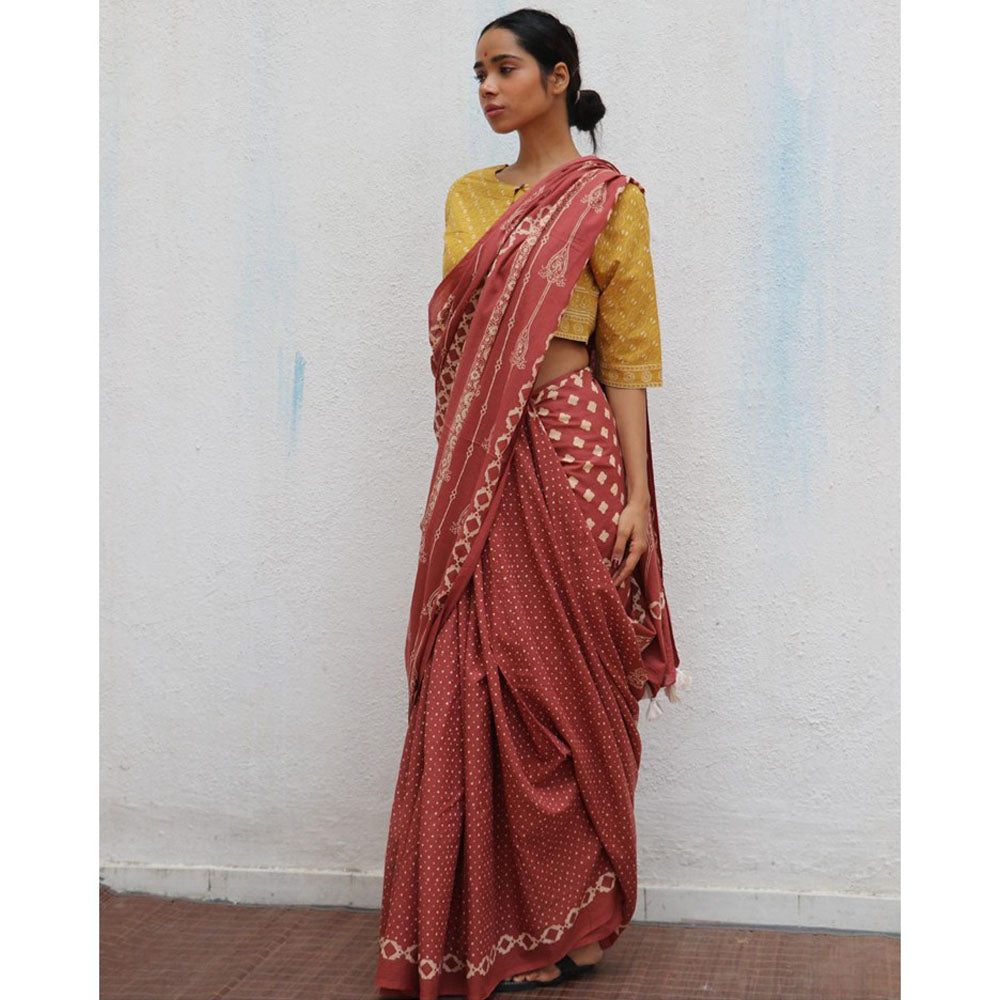 Chidiyaa Paakhi Carnival of Rust Brown Hand Block Printed Cotton Saree with Unstitched Blouses