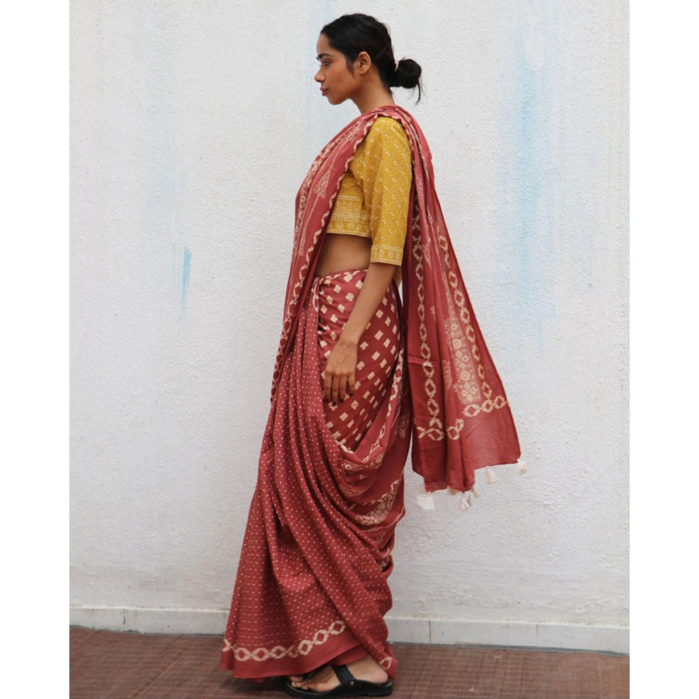 Chidiyaa Paakhi Carnival of Rust Brown Hand Block Printed Cotton Saree with Unstitched Blouses