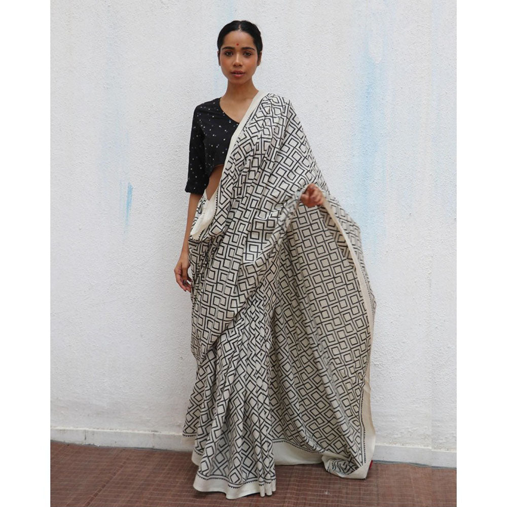 Chidiyaa Paakhi Ivory Hand Block Printed Cotton Saree with Unstitched Blouse